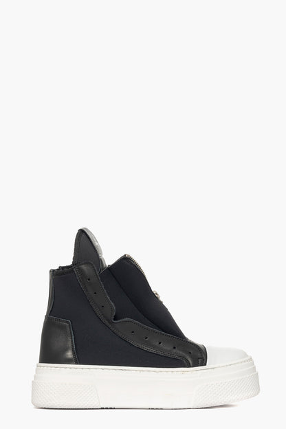 Sneakers tessuto scuba nero e riporto pelle nero doppia zip Tore Total New