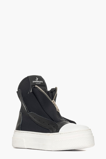 Sneakers tessuto scuba nero e riporto pelle nero doppia zip Tore Total New