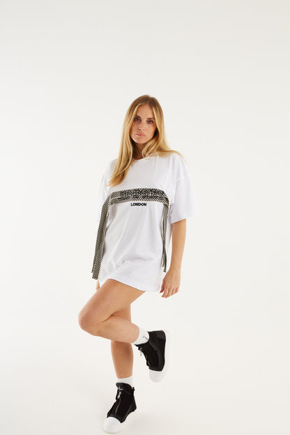 T-shirt over in cotone bianco laccio bianco nero